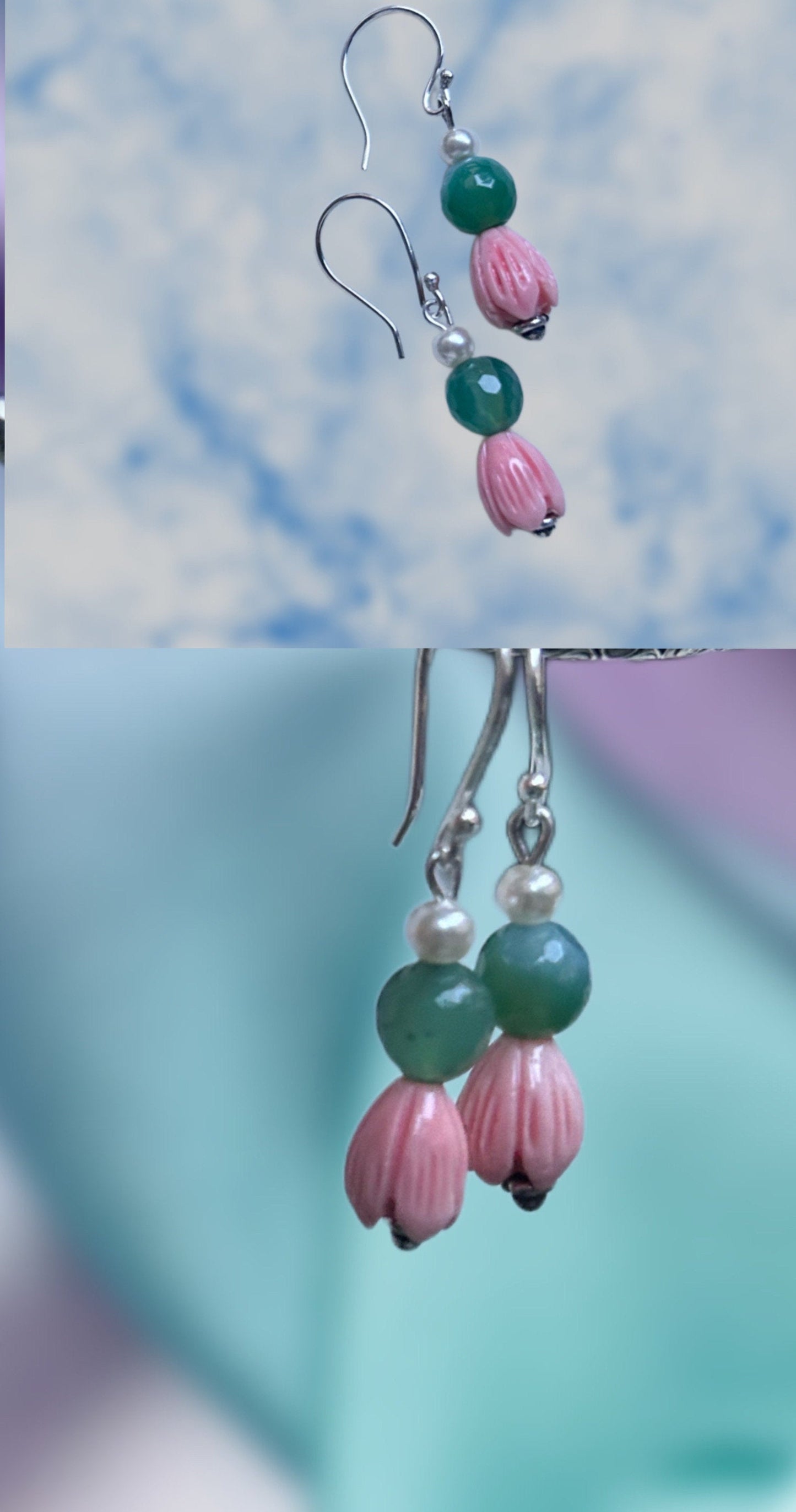 Green onyx with coral tulips Earrings