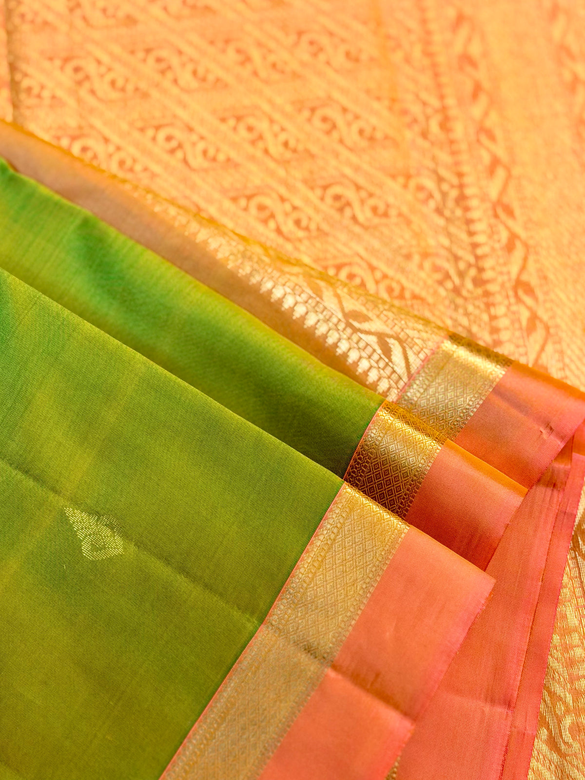 Pure Silk Parrot Green with Coral Pink Zari Border Saree