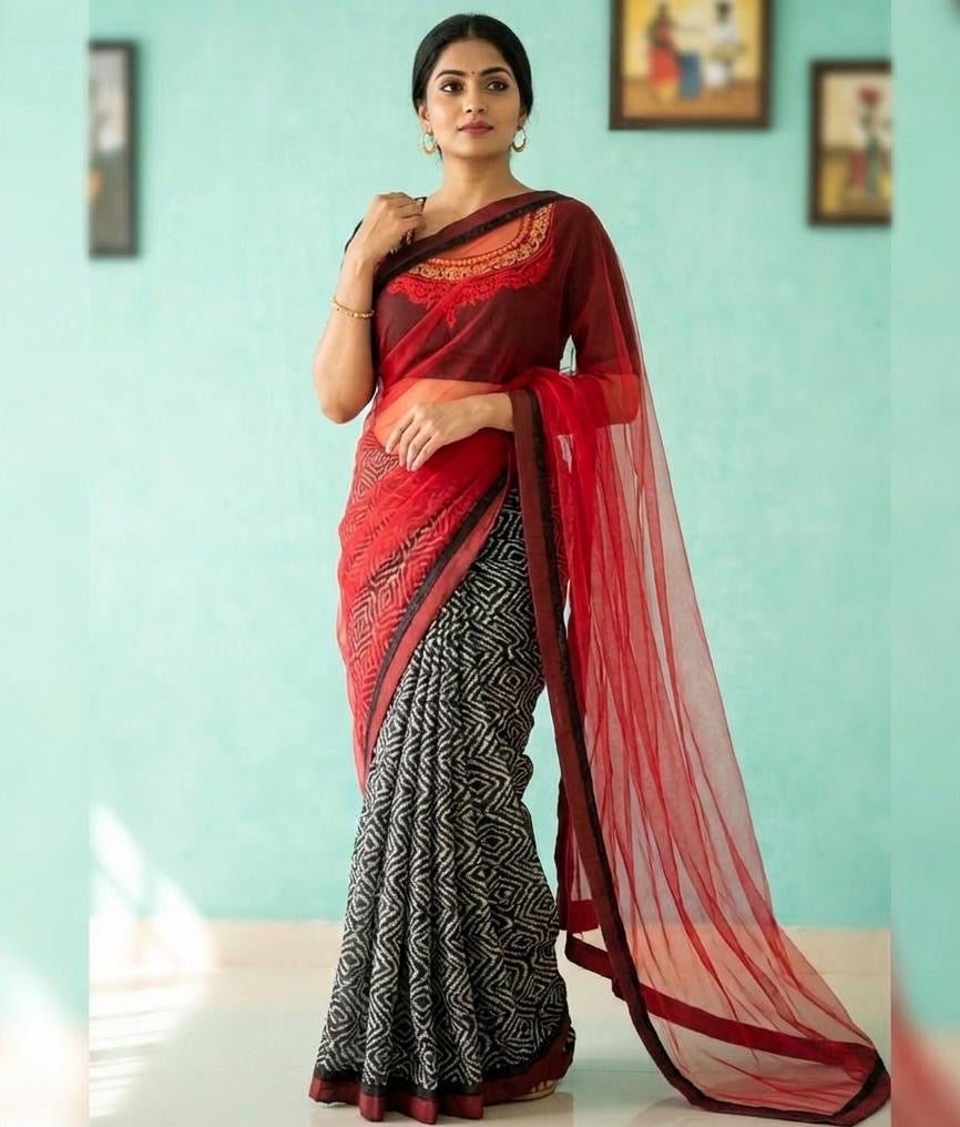 The Crimson & Monochrome Fusion Saree