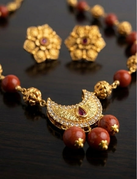 Amara Crescent Necklace Set in Red Jasper and Antique Gold