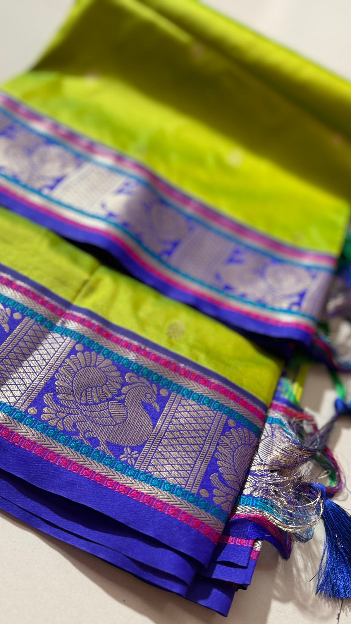 Lime Green Soft Silk Saree with Peacock Zari Pallu & Contrast Border | Hridha