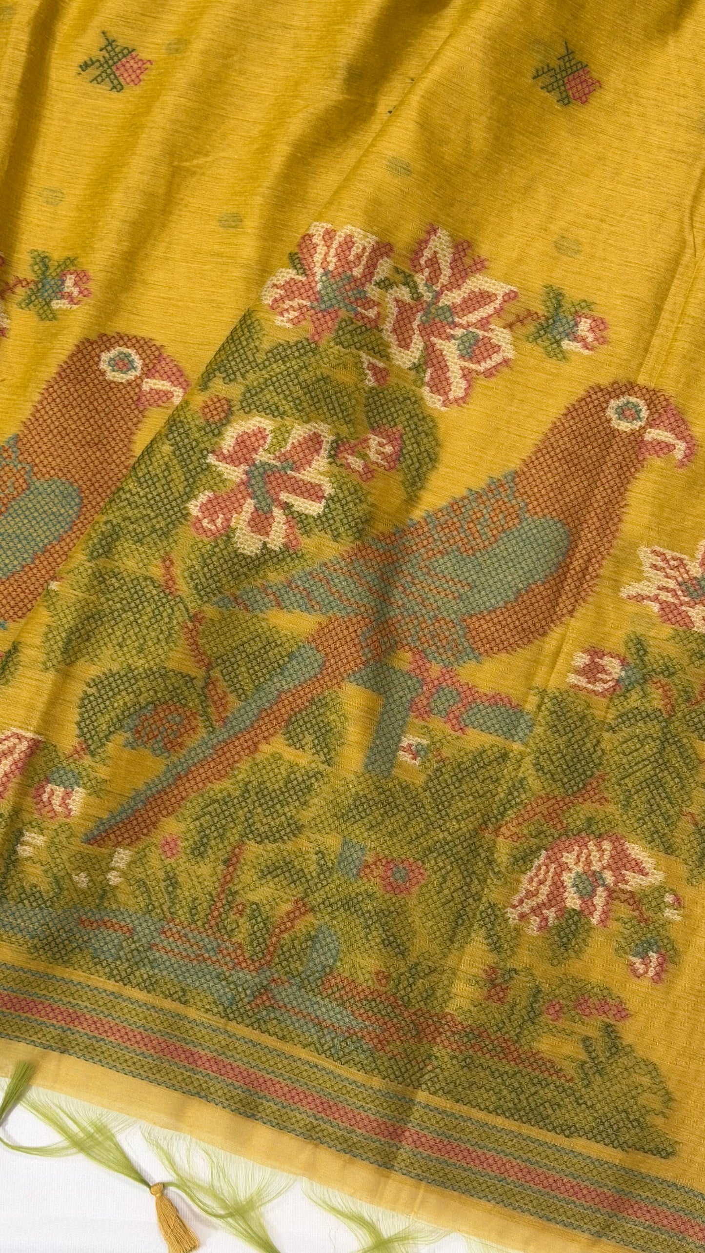 Textured Muga Saree with Woven Parrot Pallu & Temple Zari Border