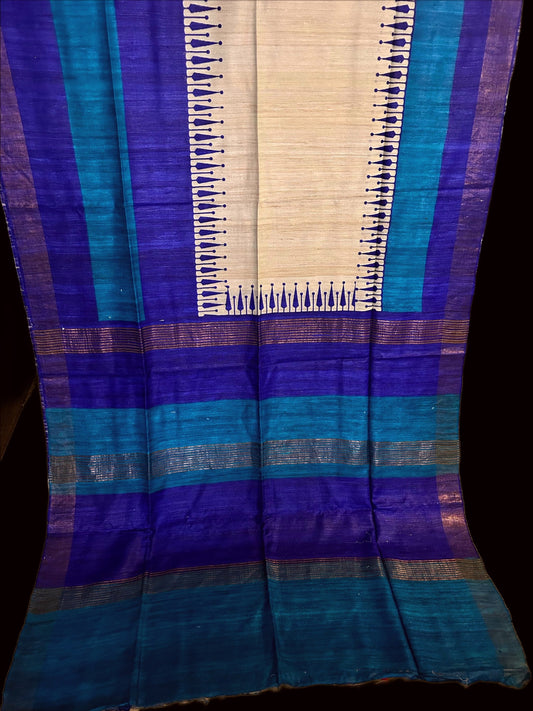 Gorgeous Tussar ghicha saree with block prints