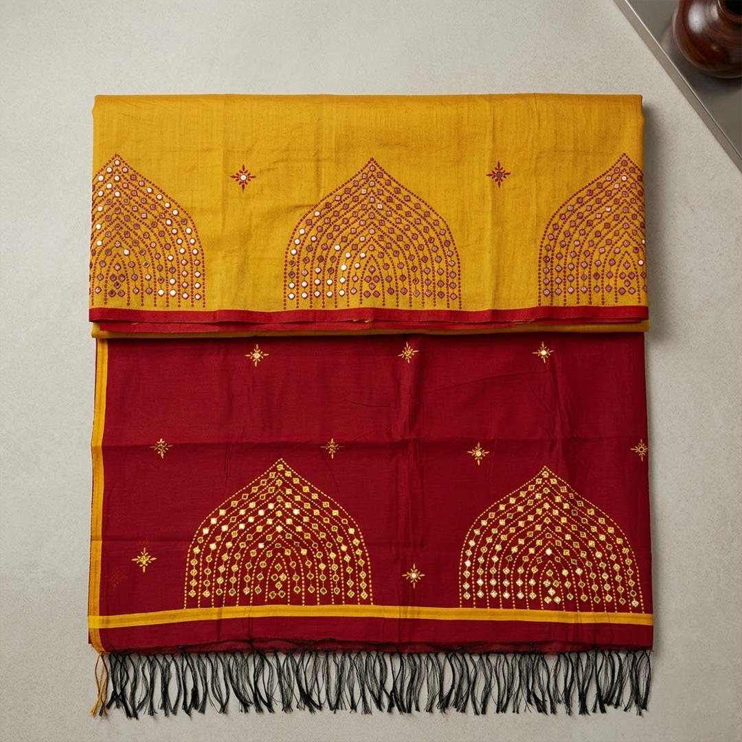 Amber Glow Silk Cotton Saree with Maroon Mirror-Work Pallu