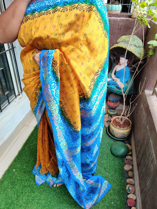 Yellow-blue printed silk