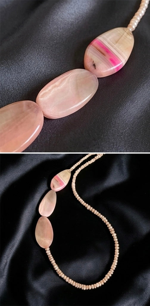 Rosé Horizon: Handcrafted Pink Pearl & Striated Agate Asymmetrical Neckpiece