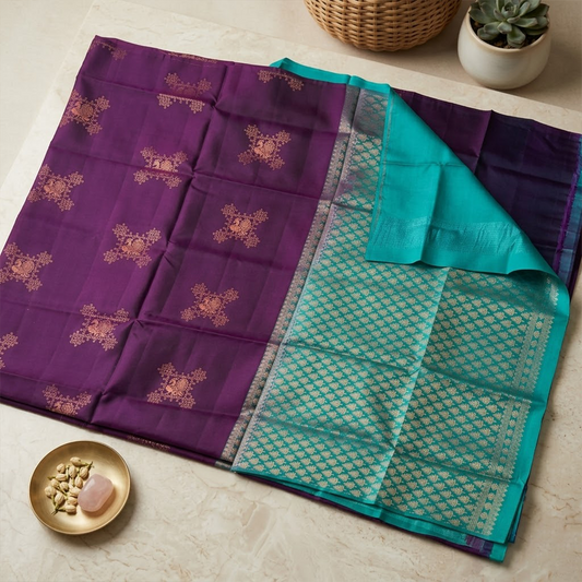The Velvet Symphony: Wine & Teal Double-Shaded Silk Saree