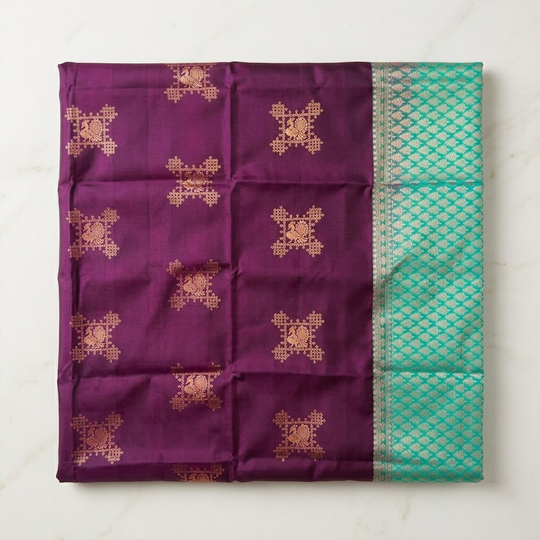 The Velvet Symphony: Wine & Teal Double-Shaded Silk Saree
