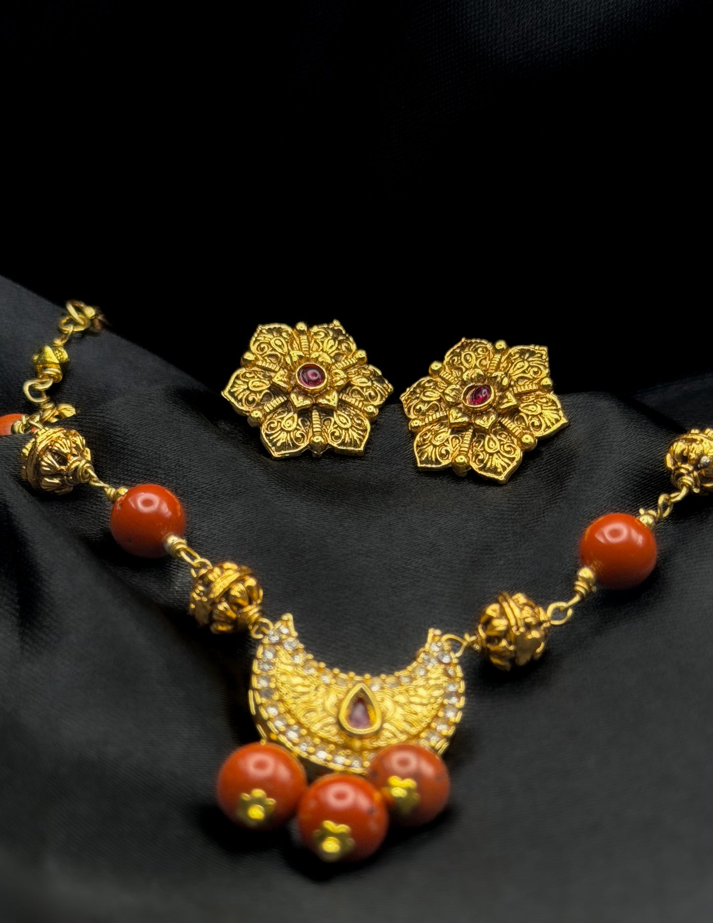 Amara Crescent Necklace Set in Red Jasper and Antique Gold