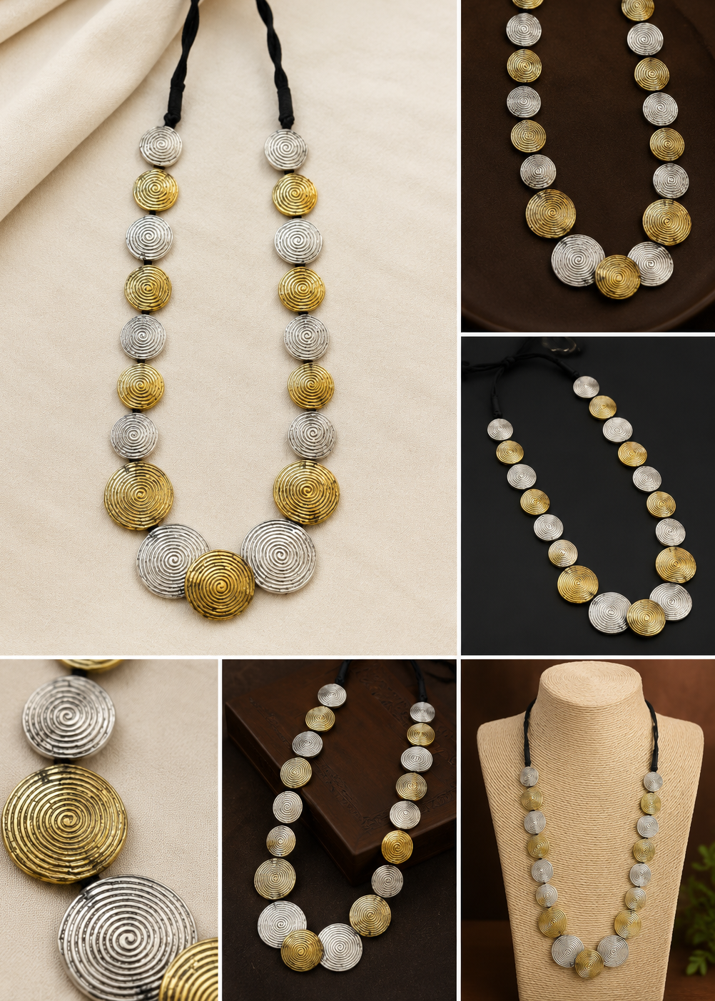 Dual-Tone Handmade Spiral Disc Necklace | Gold & Silver Statement Necklace