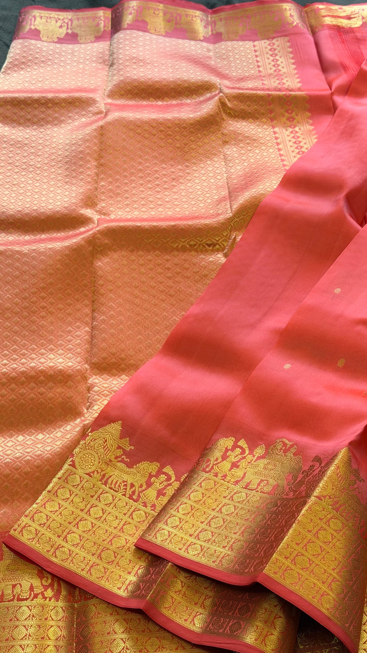 Pure Peach Kanchipuram Silk Saree | Gold Zari Procession Border & Brocade Pallu