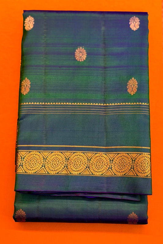 Peacock Blue Pure Silk Saree | Gold Zari Motifs & Traditional Zari Border