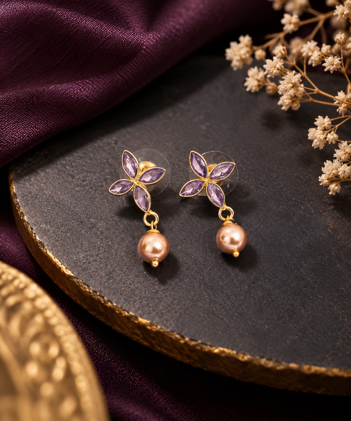 Amethyst Gemstone Pearl Choker Set | Double Strand Statement Necklace & Earrings | Hridha