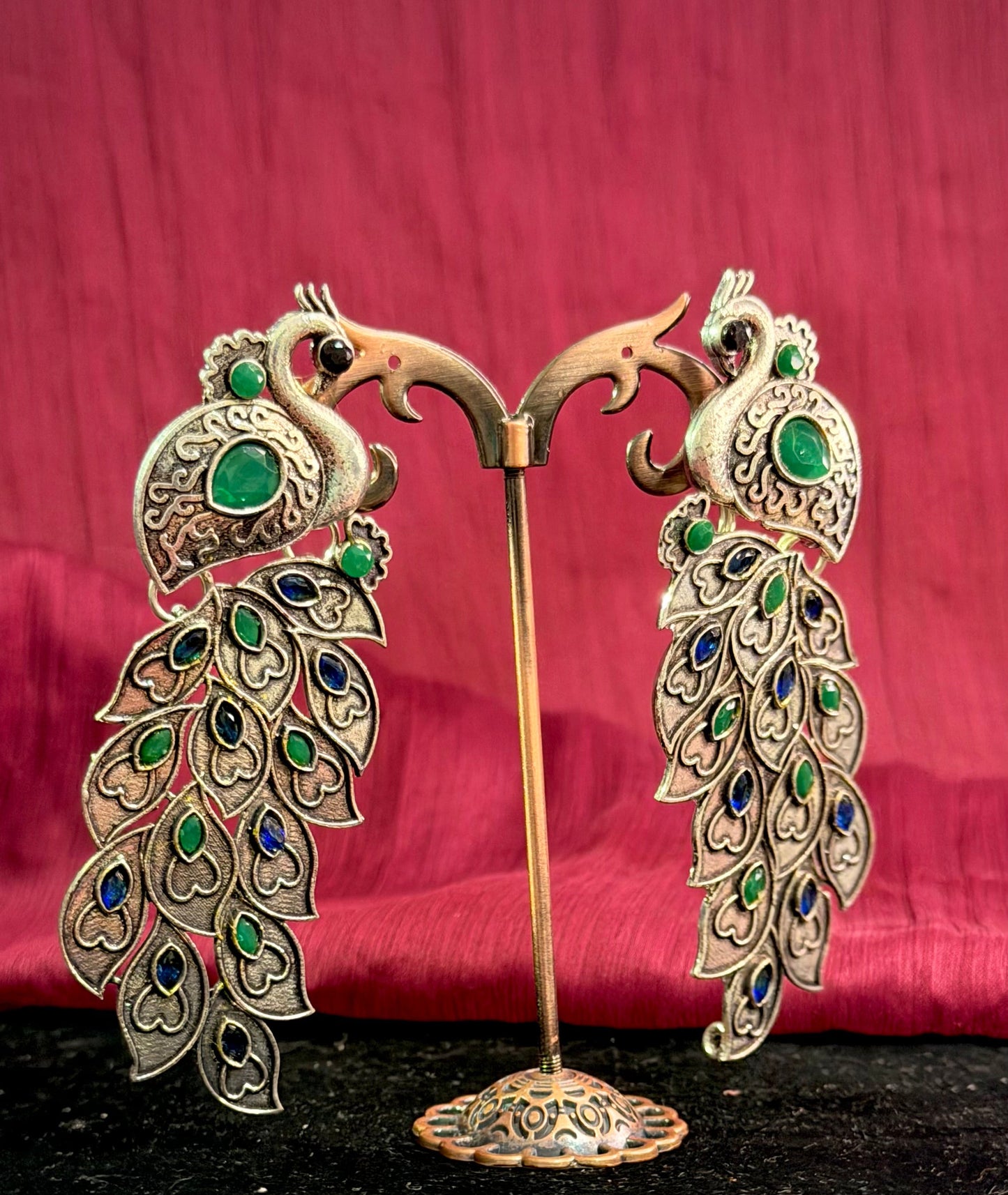 Long Peacock Earrings in Oxidised German Silver