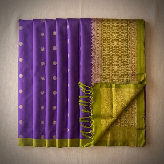 Royal Contrast: Purple & Olive Green Pure Silk Saree