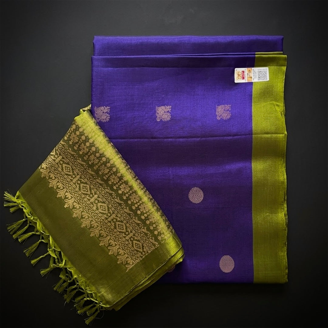 Royal Contrast: Purple & Olive Green Pure Silk Saree