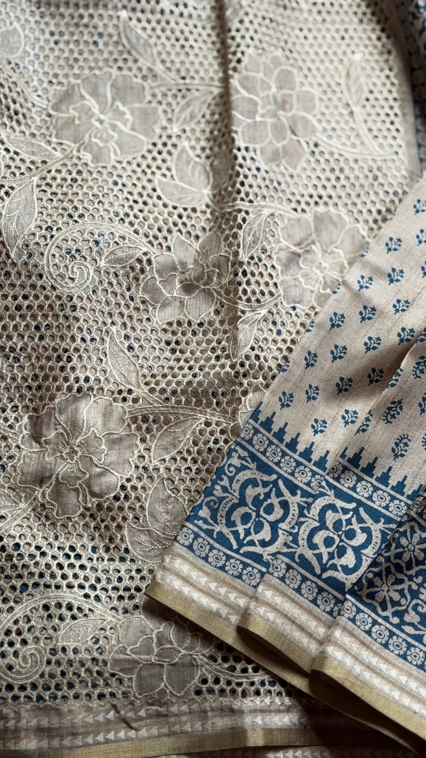 Ivory Filigree | Beige Tussar Silk Saree with Ornate Cutwork Pallu