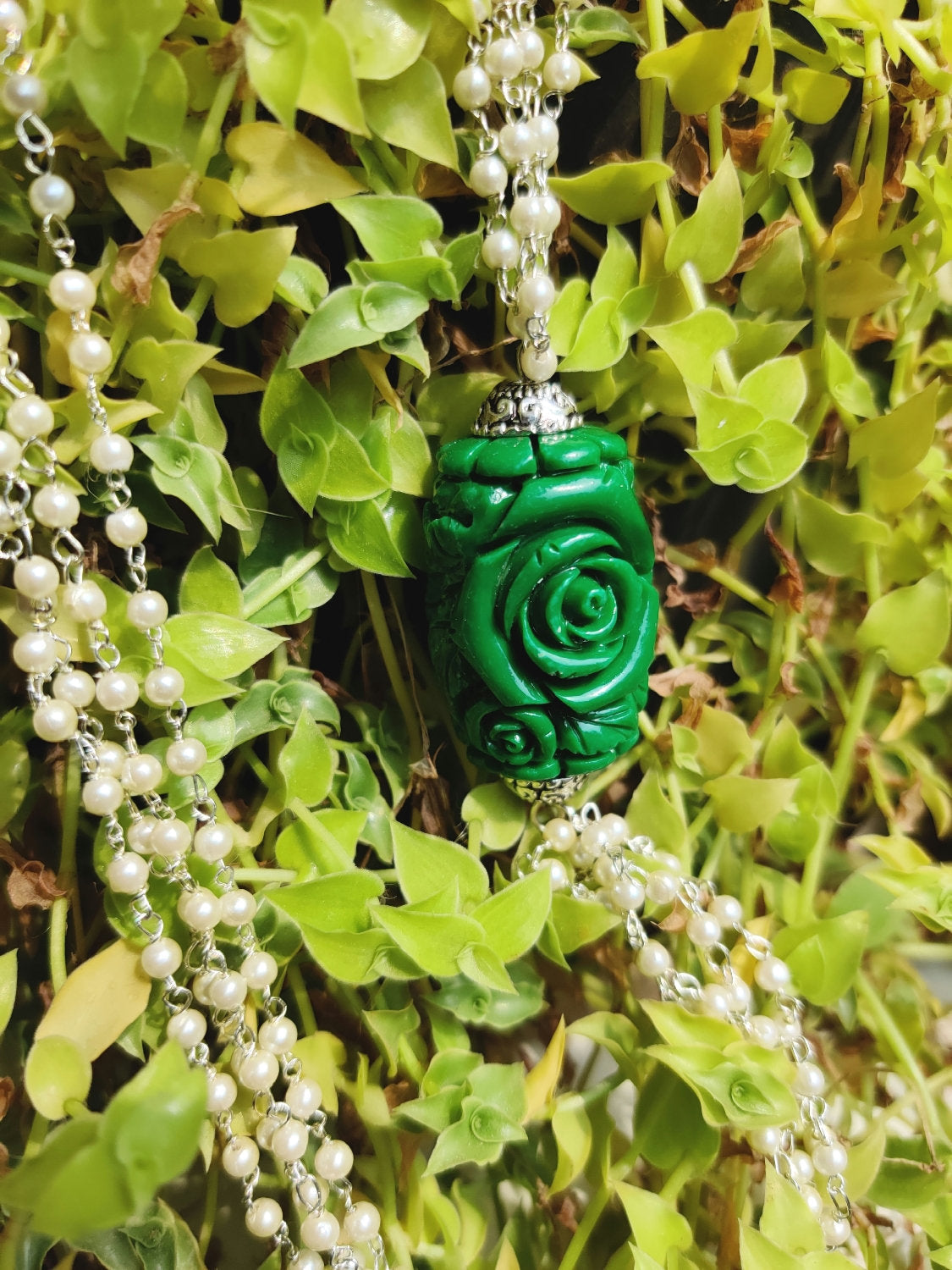 Multi line Pearls with Jade Rose