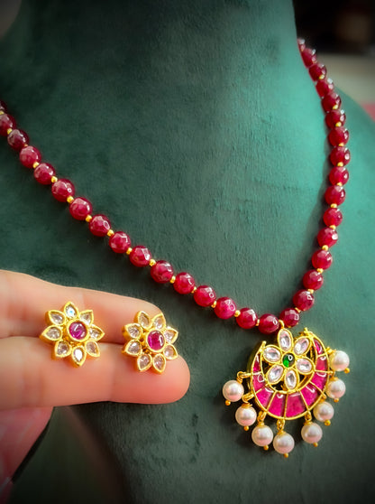 Ruby Bead & Polki Chandbali Pendant Necklace Set | Hridha