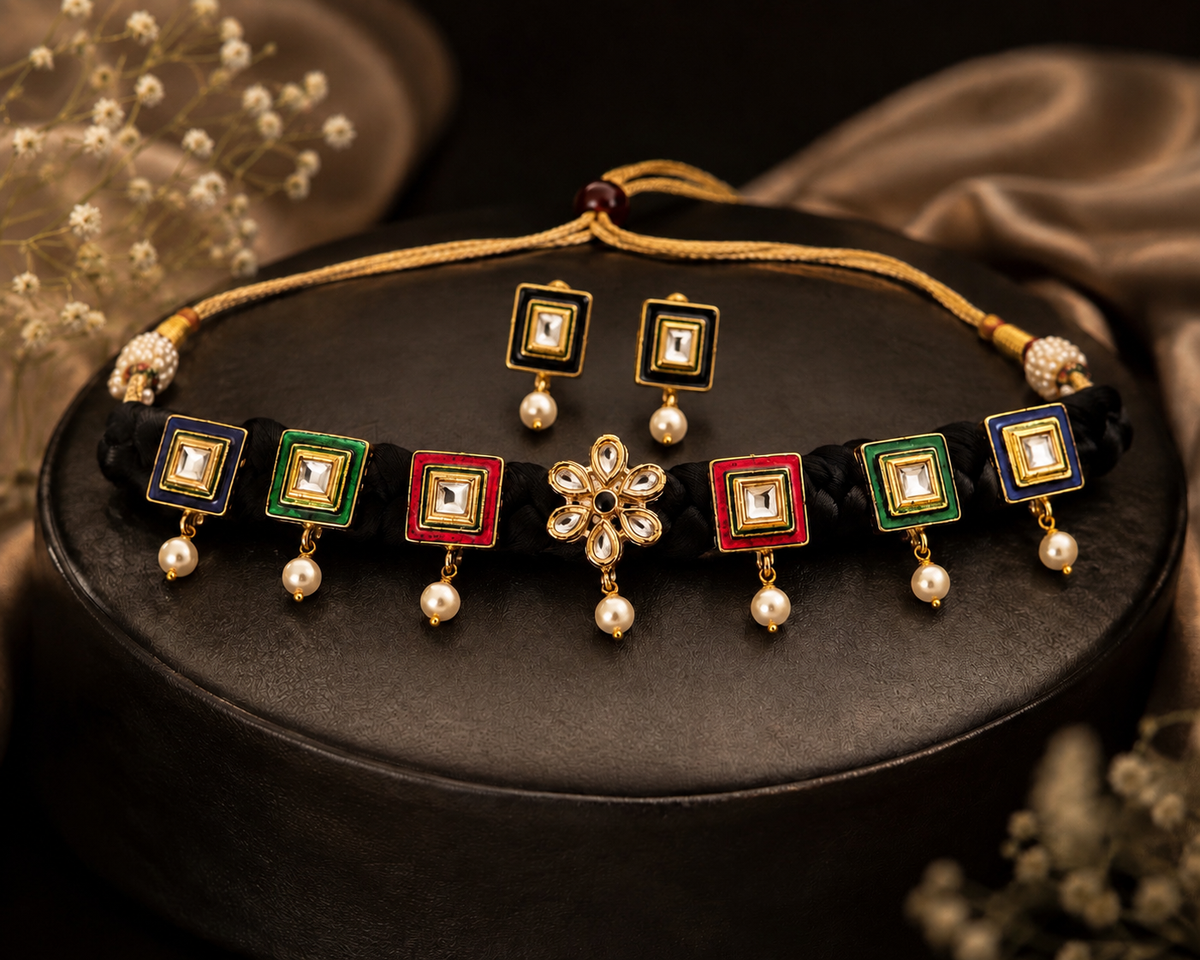 Multicolour Kundan & Swarovski Pearl Choker Set with Matching Earrings