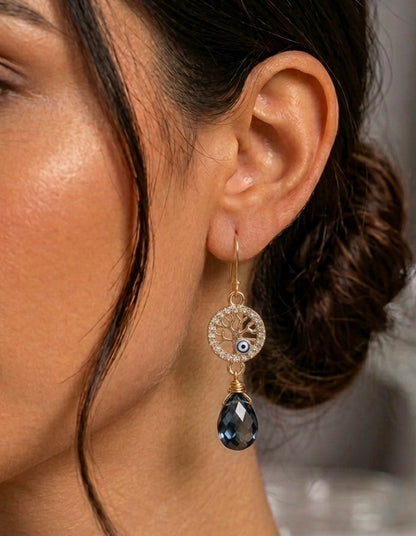 Mystic Arbor Drop Earrings – Tree of Life with Evil Eye