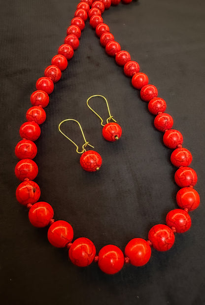 Tibetan Red Coral Bead Necklace Set with Matching Earrings | Hridha