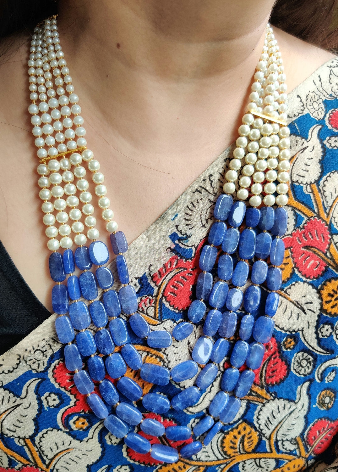 Multi line Pearls with blue semiprecious stones