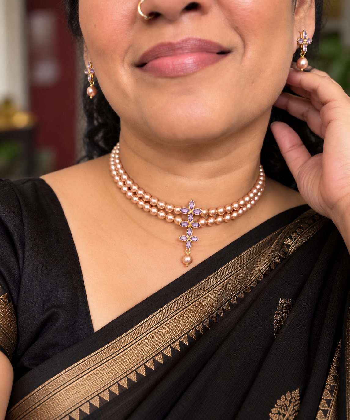 Amethyst Gemstone Pearl Choker Set | Double Strand Statement Necklace & Earrings | Hridha