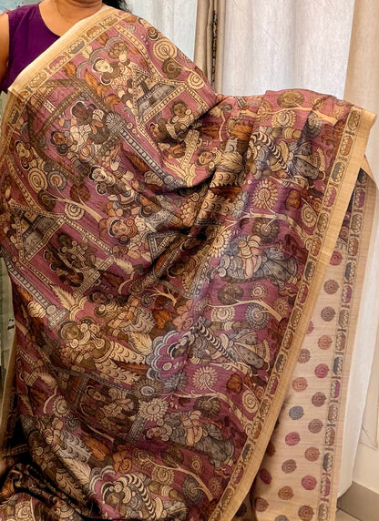 Archaic Elegance: Lilac and Olive Green Kalamkari Tussar Collection