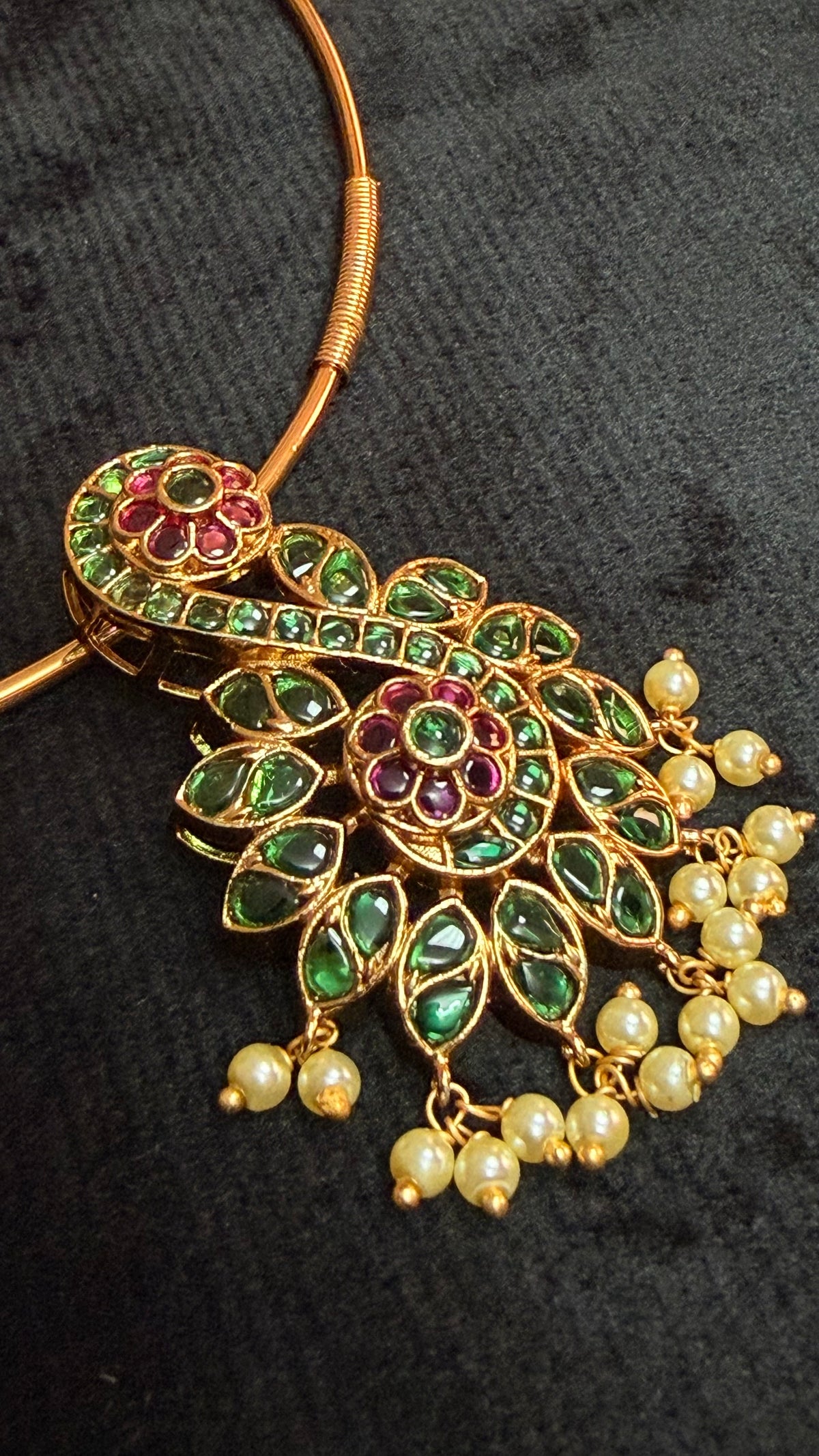 Contemporary Emerald Green & Ruby Gold-Plated Pendant Necklace Set with Jhumkas