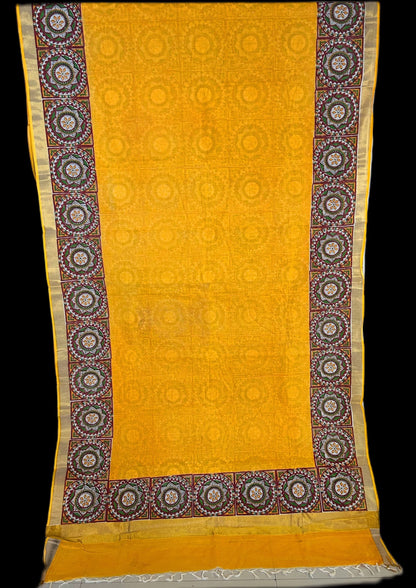 Mustard Partly print cotton saree