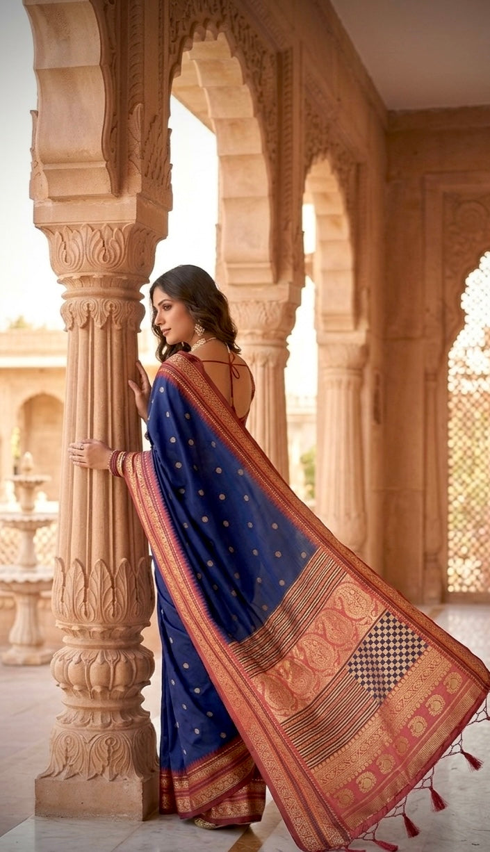 The Royal Indigo & Crimson Saga Soft Silk Saree