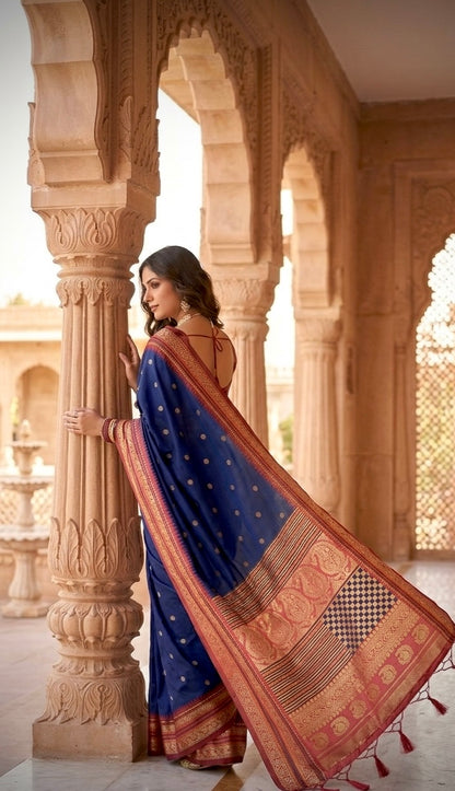 The Royal Indigo & Crimson Saga Soft Silk Saree