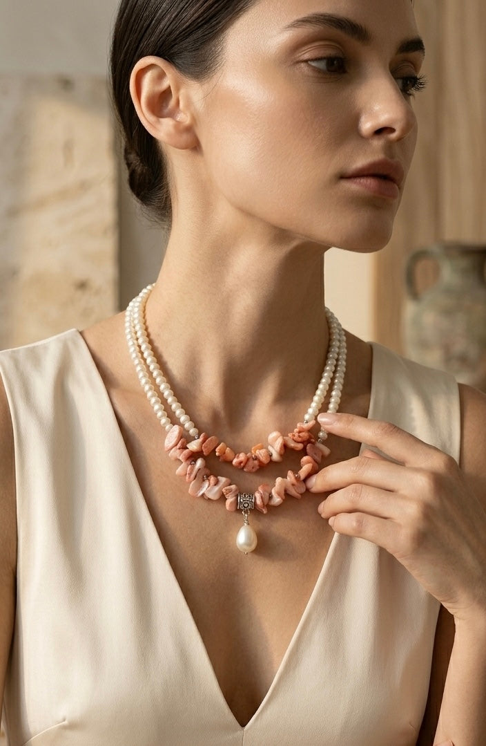 The Aurora Double-Strand Baroque Pearl & Coral Chip Necklace