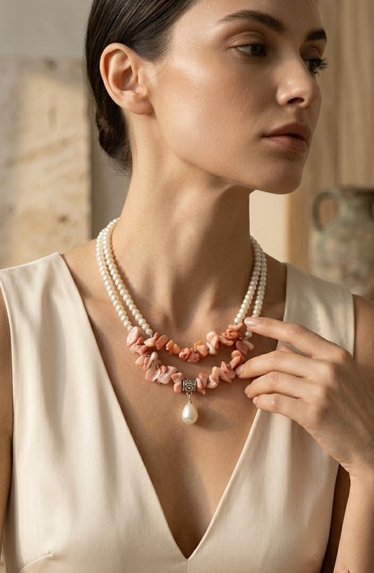 The Aurora Double-Strand Baroque Pearl & Coral Chip Necklace