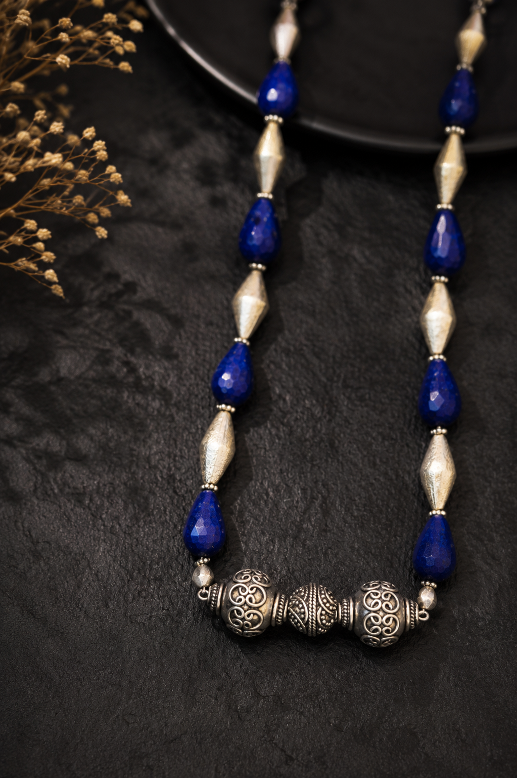 Blue Semi-Precious Necklace with Silver Beads | Statement Jewellery