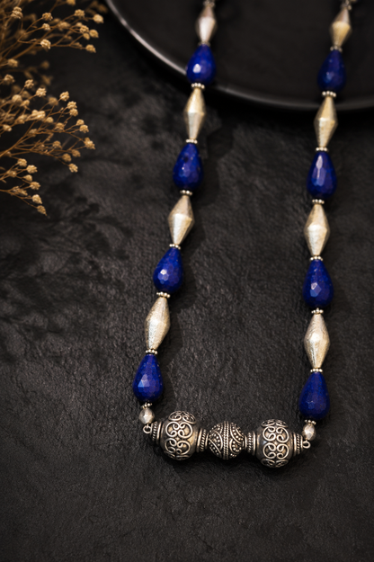 Blue Semi-Precious Necklace with Silver Beads | Statement Jewellery