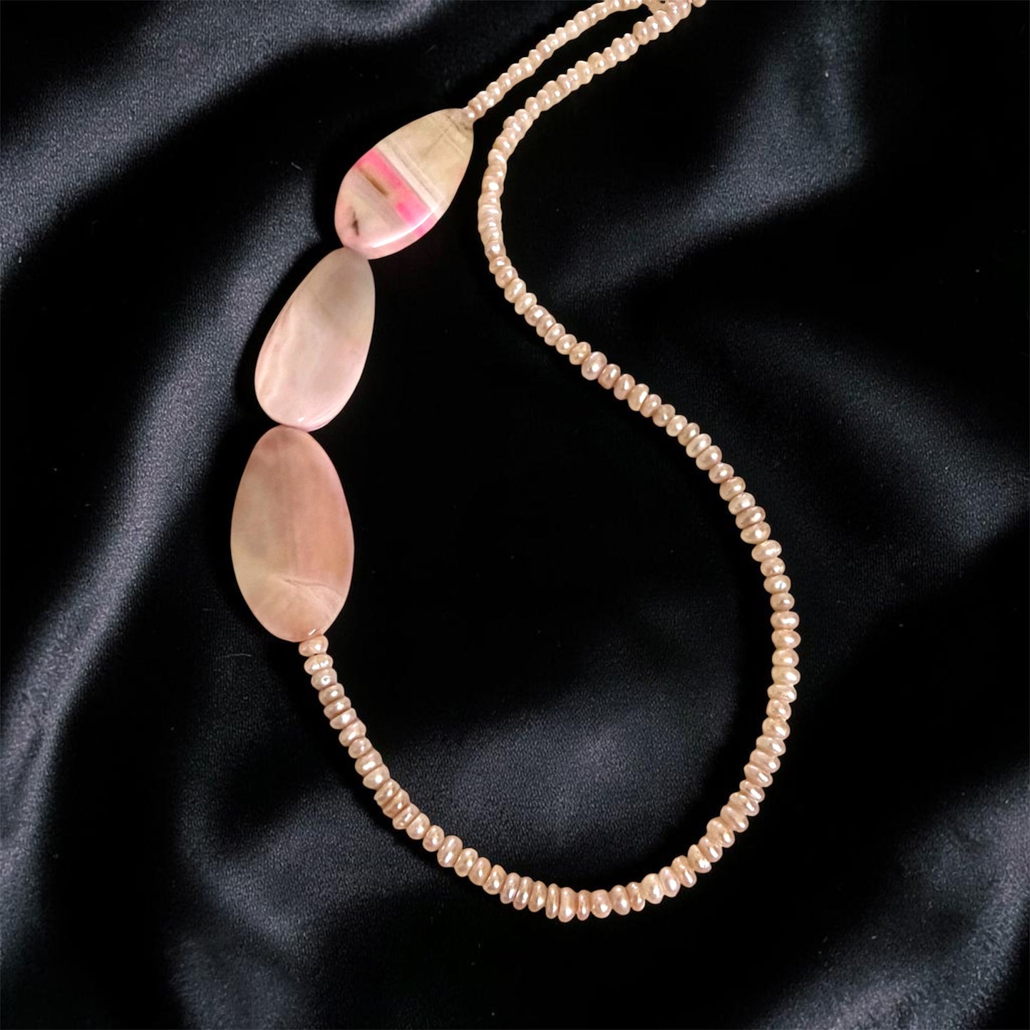 Rosé Horizon: Handcrafted Pink Pearl & Striated Agate Asymmetrical Neckpiece