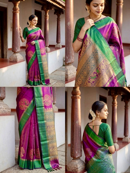 The Artisan’s Soul - The Parrot Grove Pure Silk Saree in Vibrant Magenta and Emerald
