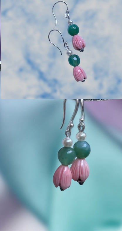 Green onyx with coral tulips Earrings