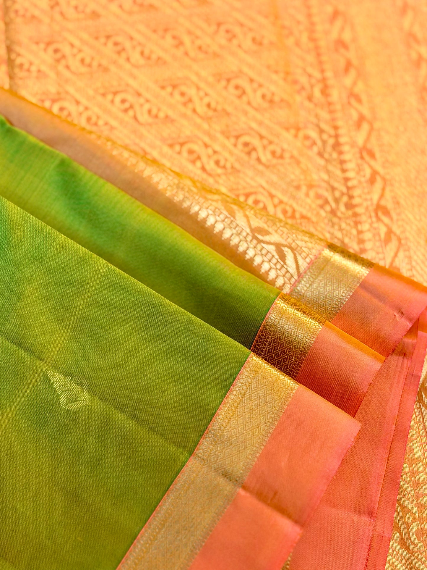 Pure Silk Parrot Green with Coral Pink Zari Border Saree