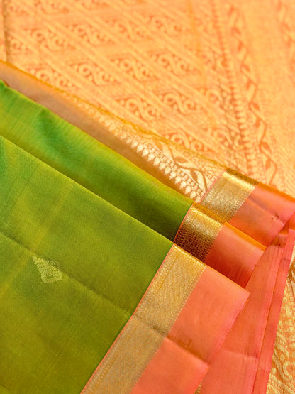 Pure Silk Parrot Green with Coral Pink Zari Border Saree