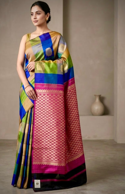 Mosaic Grandeur | Multi-Color Checkered Kanjivaram Silk with Magenta Pallu