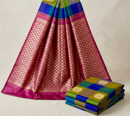 Mosaic Grandeur | Multi-Color Checkered Kanjivaram Silk with Magenta Pallu
