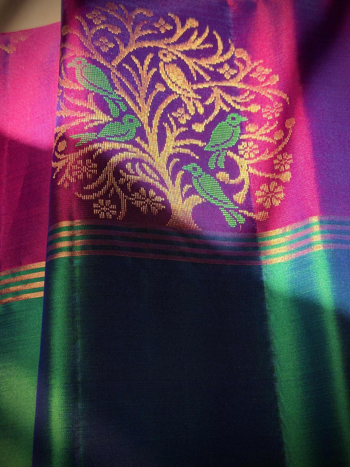 The Artisan’s Soul - The Parrot Grove Pure Silk Saree in Vibrant Magenta and Emerald