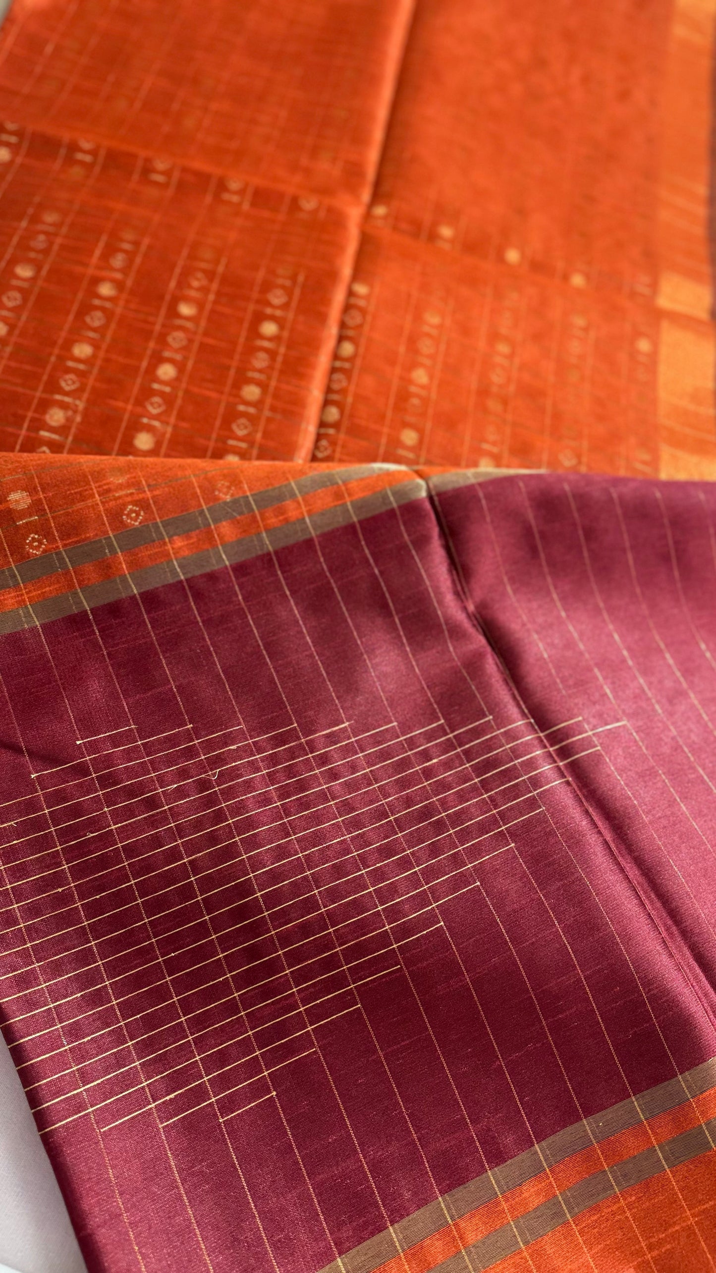 Rust Orange & Maroon Handwoven Tussar Silk Saree