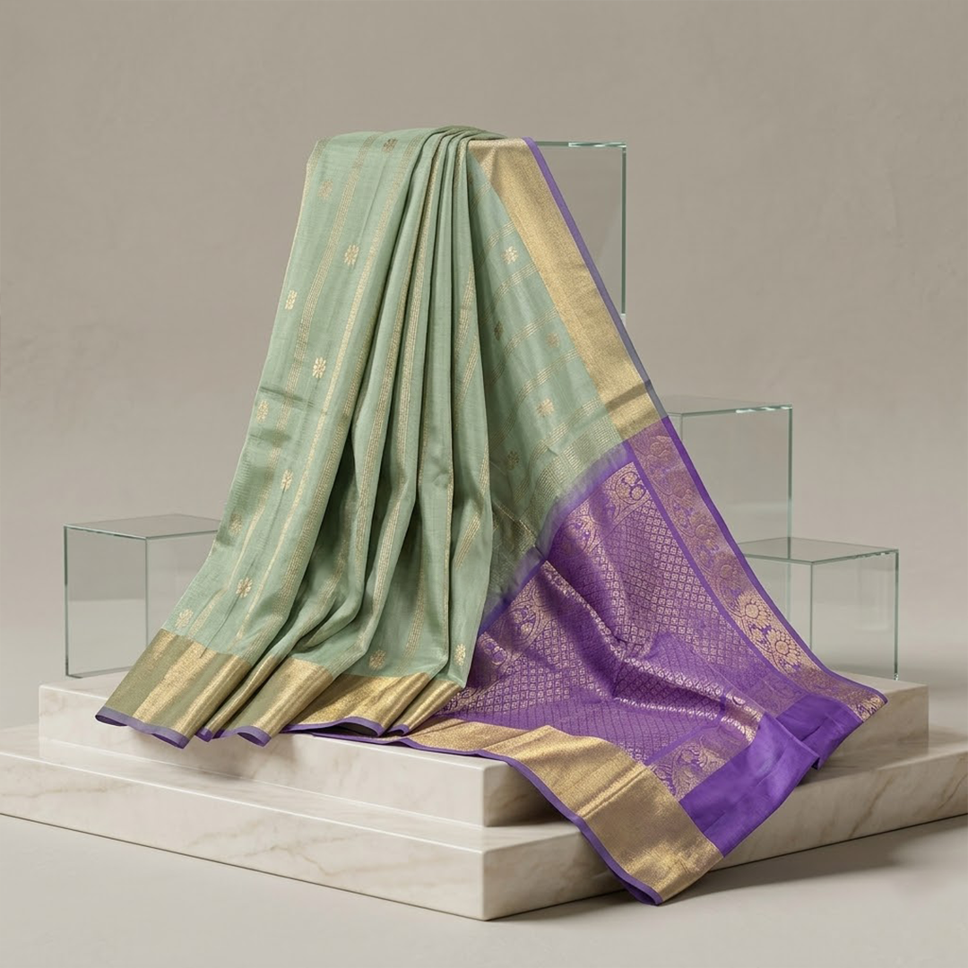 Lavender Frost | Seafoam Green Soft Silk with Royal Purple Zari Pallu