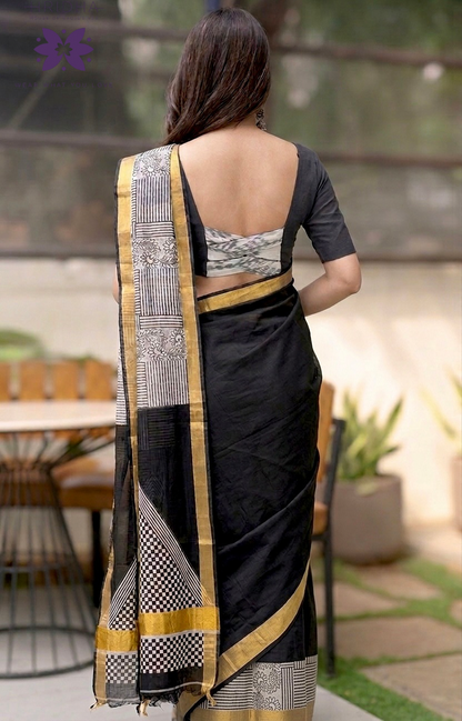 Black & white block print cotton saree