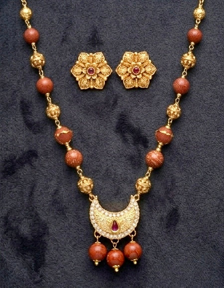 Amara Crescent Necklace Set in Red Jasper and Antique Gold