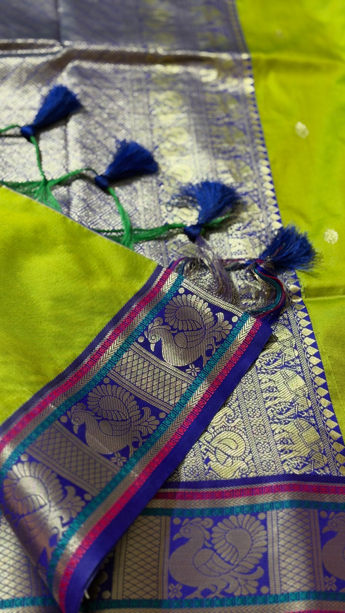 Lime Green Soft Silk Saree with Peacock Zari Pallu & Contrast Border | Hridha